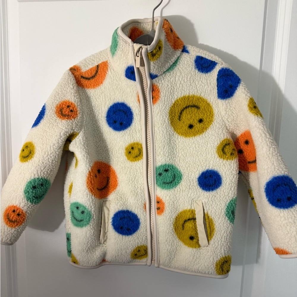 Old Navy Kids Fleece Jacket - Cream with Multicolor Smiley Faces